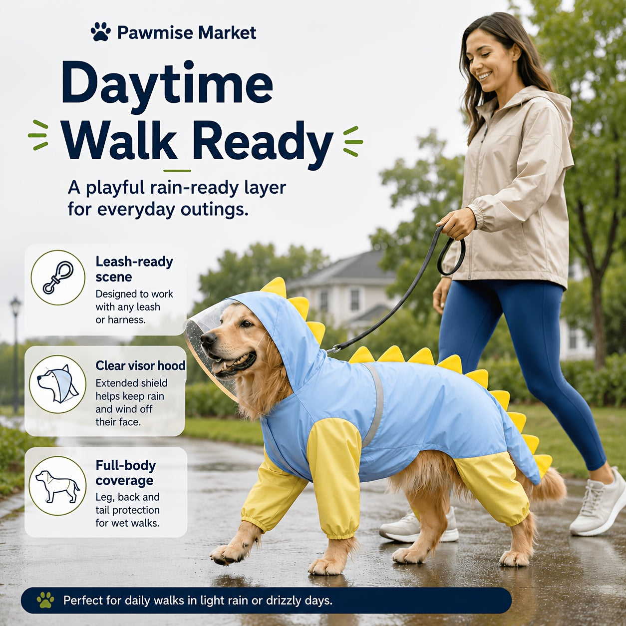 Large Dog Raincoat Dinosaur Costume Full Body – Waterproof Rain Jacket with Hood & Tail for Golden Retriever Labrador, Funny Outdoor Pet Outfit 3XL-8XL