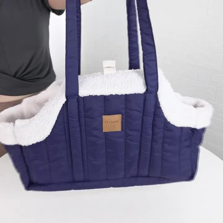 Winter Pet Carrier Handbag Open Top – Cozy Snap Closure Small Dog & Cat Tote Bag for Cold Weather Outdoor Activities, Dark Blue Grey Green Beige