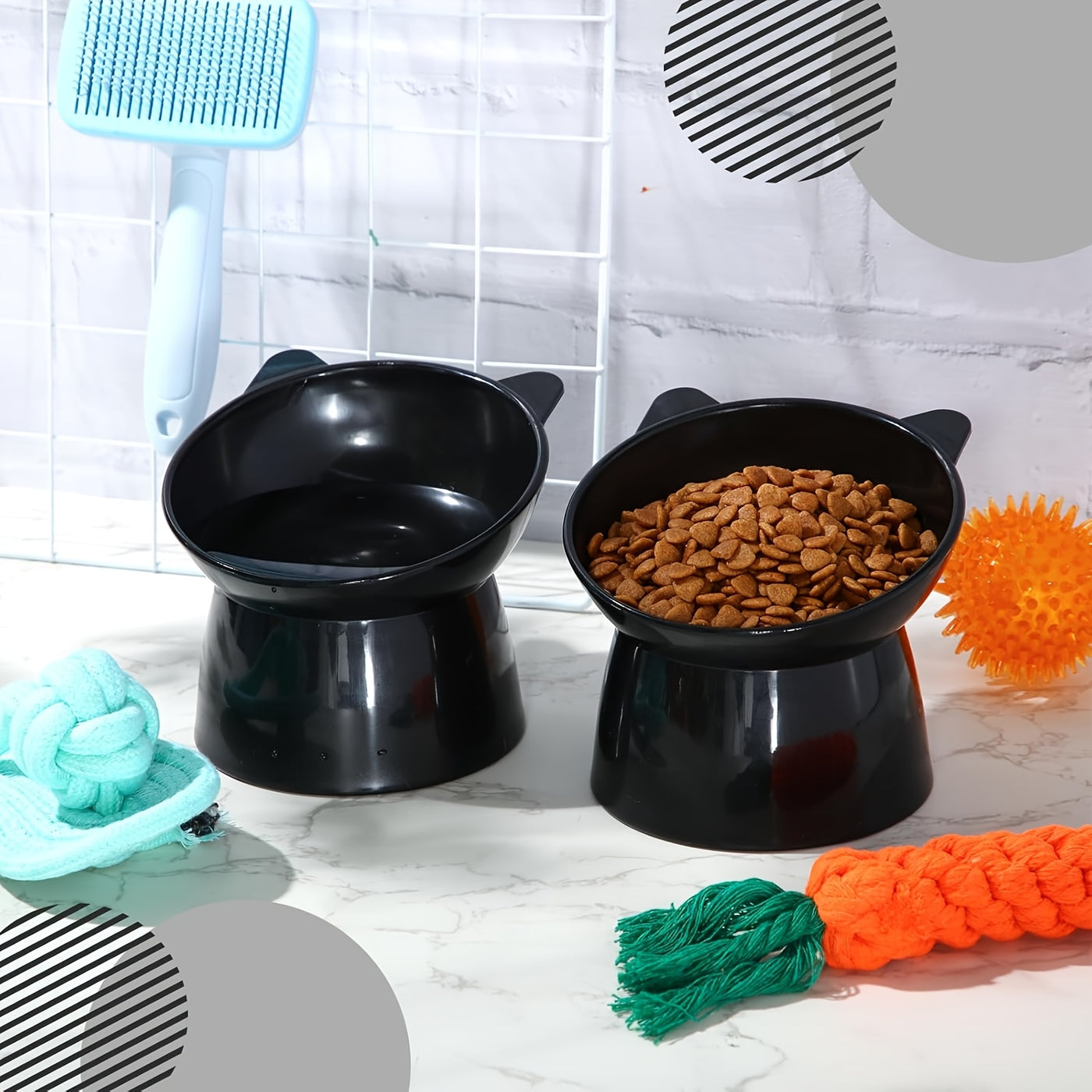Cat Ear Shaped Raised Cat Bowls Set of 2 – Elevated Anti-Slip Anti-Vomiting Feeding Dish for Cats & Small Dogs, Neck Comfort Design