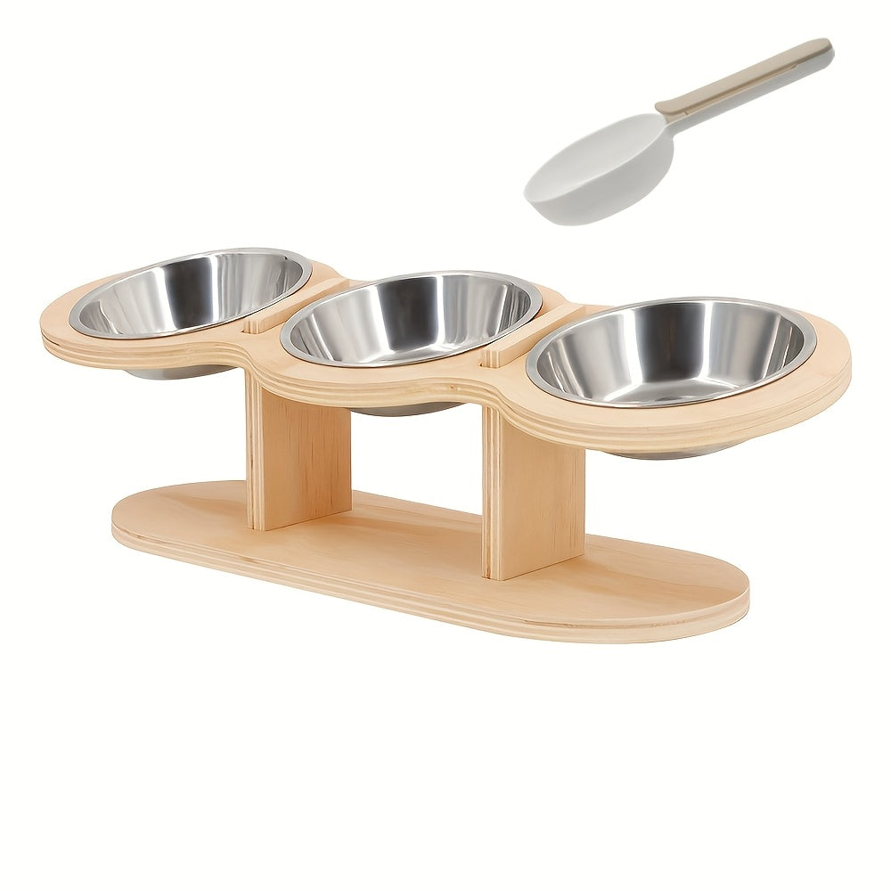 Elevated Cat Bowl Set Stainless Steel – Food & Water Bowls on Stand with Divider Spoon for Cats, Kittens, Puppies & Small Pets