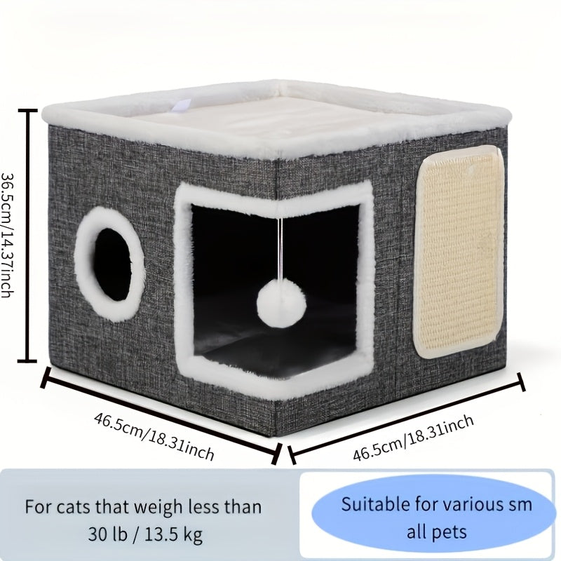 Foldable Multi-Layer Cat House Cube - 2-Tier Bed, Toy Tunnel, Scratching Post & Plush Mat, Cozy All-Season Indoor Cat Enclosure with Hanging Ball, Nylon Frame & Canvas