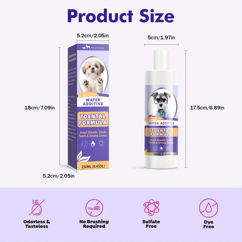 Dog & Cat Water Additive Dental Rinse – No-Brush Teeth Cleaner, Plaque & Tartar Control, Breath Freshener Mouthwash for Pets, 250ml Daily Oral Hygiene Formula
