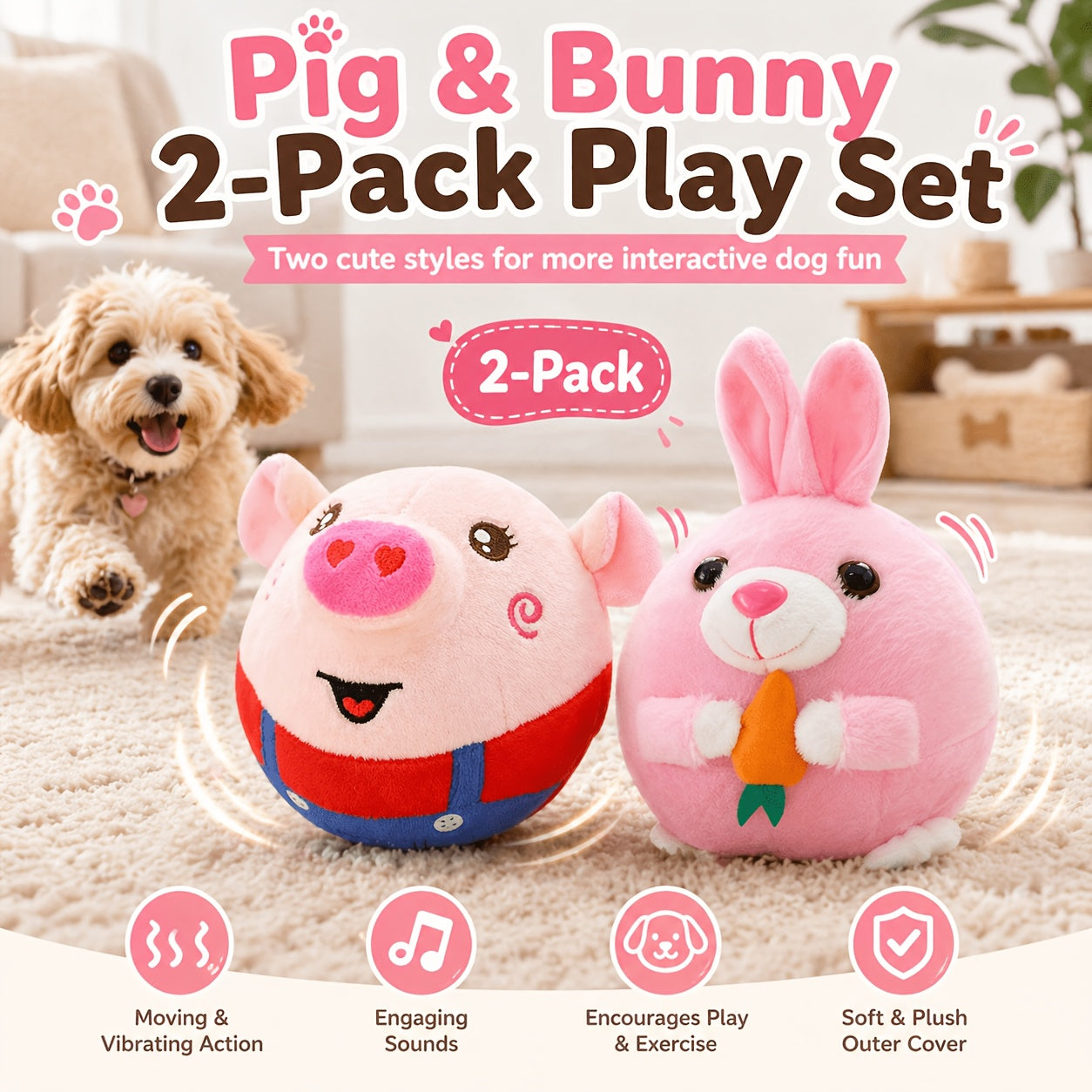 Rolling Bouncing Dog Toy with Motion Sensor & Animal Sounds – USB Rechargeable, Recording Mode, Washable, for Puppies & Small Dogs, Single or 2-Pack