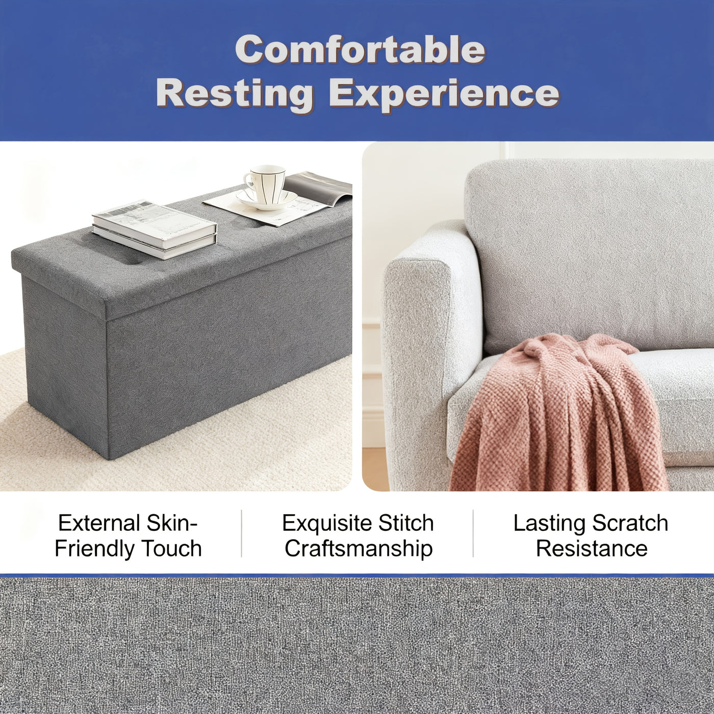 Storage Ottoman Bench Foldable with Padded Seat – End of Bed Bench & Storage Chest for Bedroom & Living Room, 2 Sizes, Grey