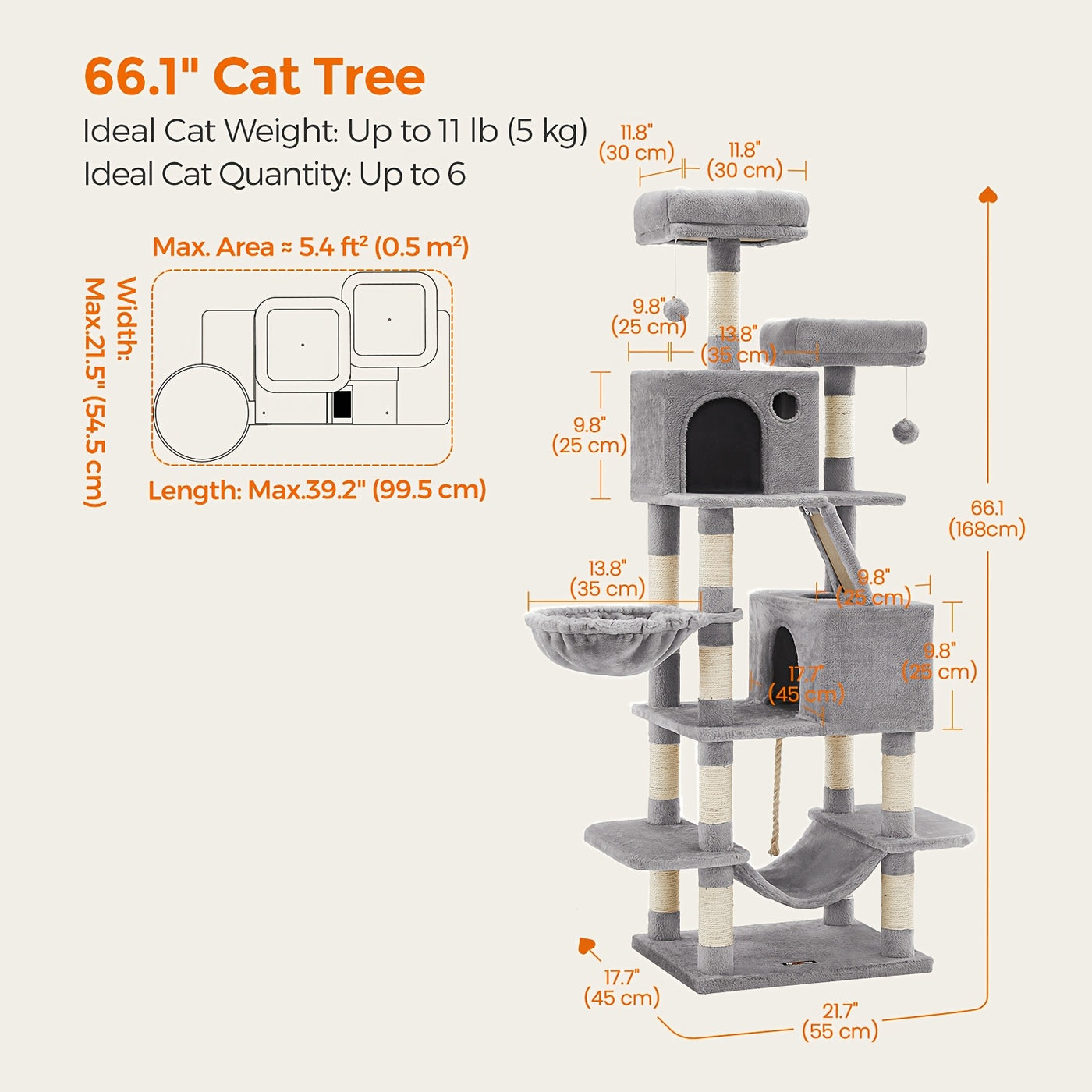 Multi-Level Cat Tree Tower with Cave & Plush Hammock - 44/66/79in Tall Cat Condo, 4 Sisal Scratching Posts, 2 Perches, Anti-Tilt, Pompom Toys for Multi-Cat Families, 5 Colors