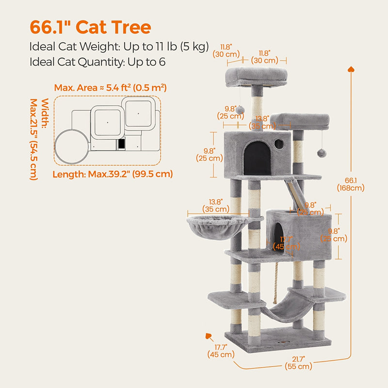 Multi-Level Cat Tree Tower with Cave & Plush Hammock - 44/66/79in Tall Cat Condo, 4 Sisal Scratching Posts, 2 Perches, Anti-Tilt, Pompom Toys for Multi-Cat Families, 5 Colors