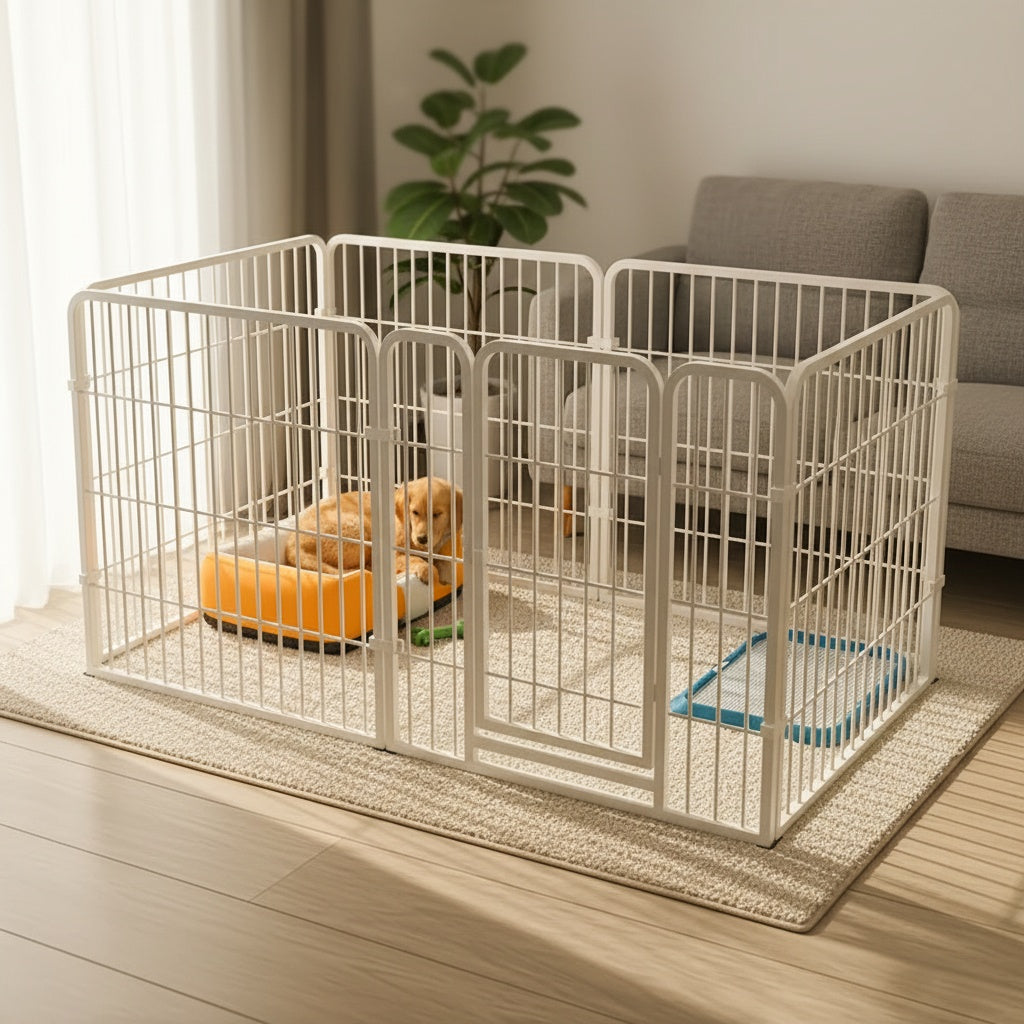 Stainless Steel Indoor Dog Enclosure with Resting, Play & Potty Training Zones - Multi-Functional Flexible Pen for Small Medium Dogs, Easy Assembly