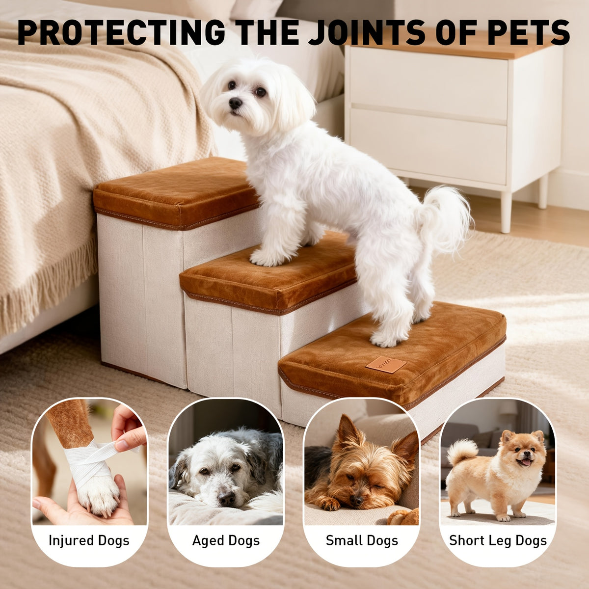 3-Tier Foldable Dog Stairs with Non-Slip Surface – Pet Steps for High Beds & Sofas, Small & Extra-Small Dogs, Nylon Ramp with Plush Chicken Toy, Coffee & Gray
