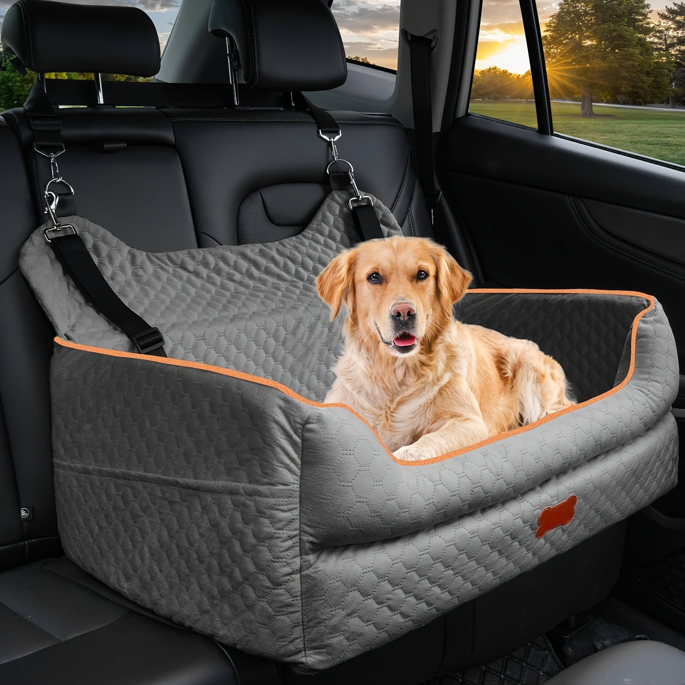 Dog Car Booster Seat for Medium Large Dogs – Washable Pet Car Seat with Thick Cushion, Safety Leash & Removable Cover for Back Seat Travel