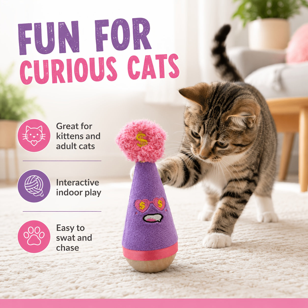 Catnip Wobble Feather Cat Toy with Mint Powder - Interactive Hunting Chase Toy for Kittens & Adult Cats Self-Play Indoor Exercise