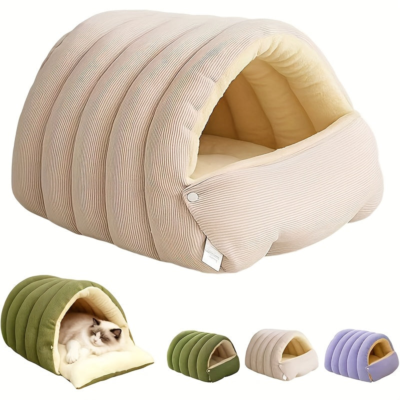 Cat Cave Bed for Indoor Cats – Cozy Cave-Style Tent with Removable Cushion, Warm Sleeping Bag Nest for Cats & Small Dogs, Autumn & Winter Pet Bed in Beige, Green & Purple