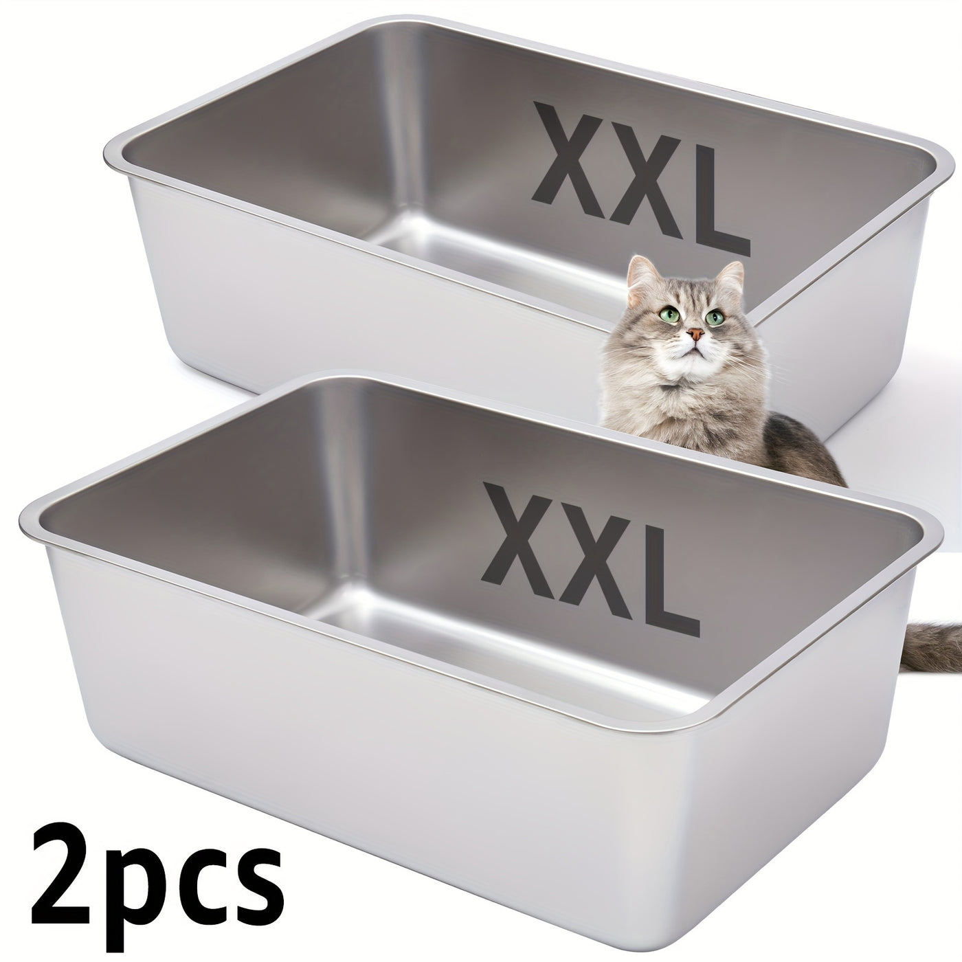 Stainless Steel Cat Litter Box 2 Pack M XL XXL Non-Stick Odor-Free Metal Litter Box for Medium and Large Cats Easy to Clean