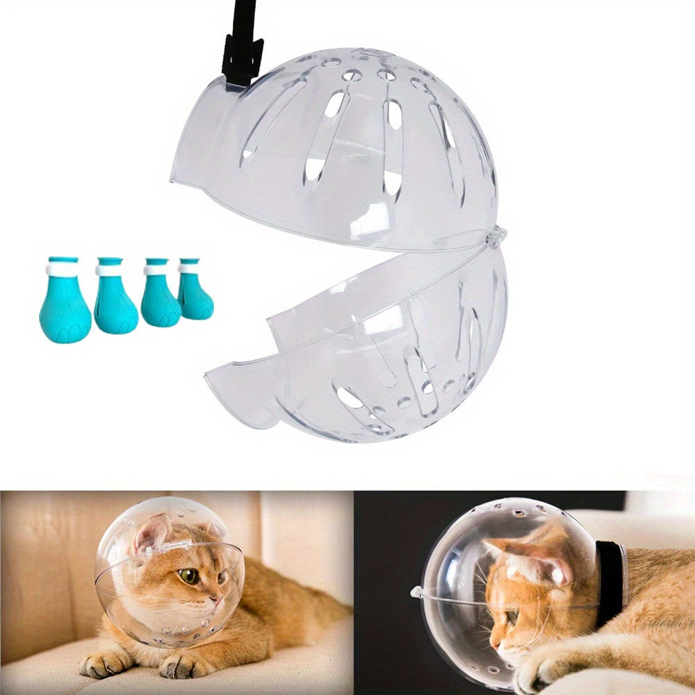 Cat Grooming Hood with Paw Covers – Anti-Scratch Anti-Bite Breathable Cat Muzzle Set for Bathing Nail Trimming Shaving, Adjustable Cat Restraint Kit