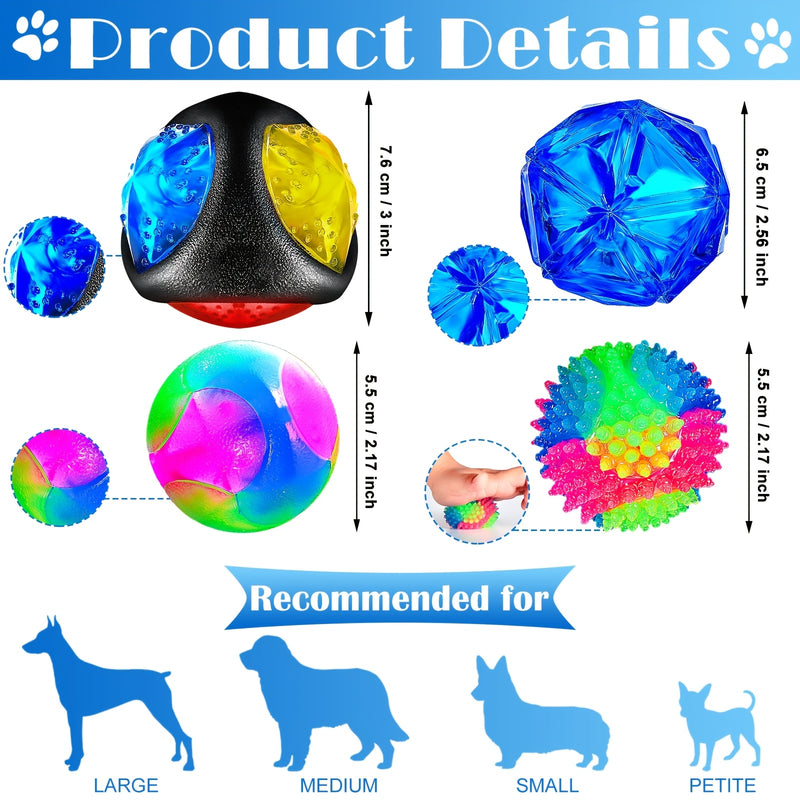 LED Light Up Dog Ball 4-Pack – Spiny Flashing Glow in the Dark Bounce-Activated Squeaky Toy Ball for Dogs and Puppies