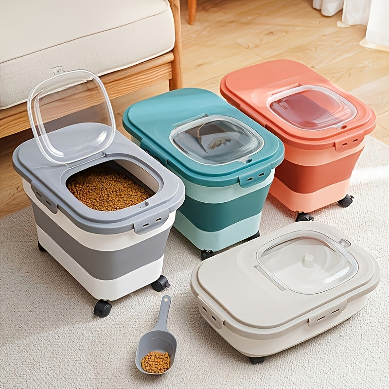 Foldable Pet Food Storage Container with Wheels – Airtight Moisture-Proof Bin for Dog & Cat Food, 5-30 LB Capacity, Upgraded Model