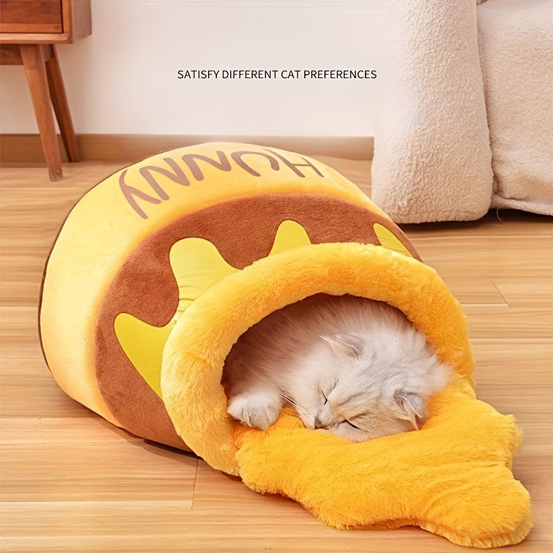 Honey Jar Cat Bed Large Warm Soft Plush Cave Bed for Cats & Small Dogs - Cozy Autumn Winter Pet Bed with Thick Cushion, Detachable & Washable Cat House Nest