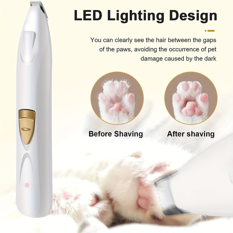 Electric Pet Paw Trimmer & Clipper with LED Light - USB Rechargeable Low Noise Dog Cat Grooming Kit for Eyes Face Ears Paws, Professional Pet Hair Shaver, White