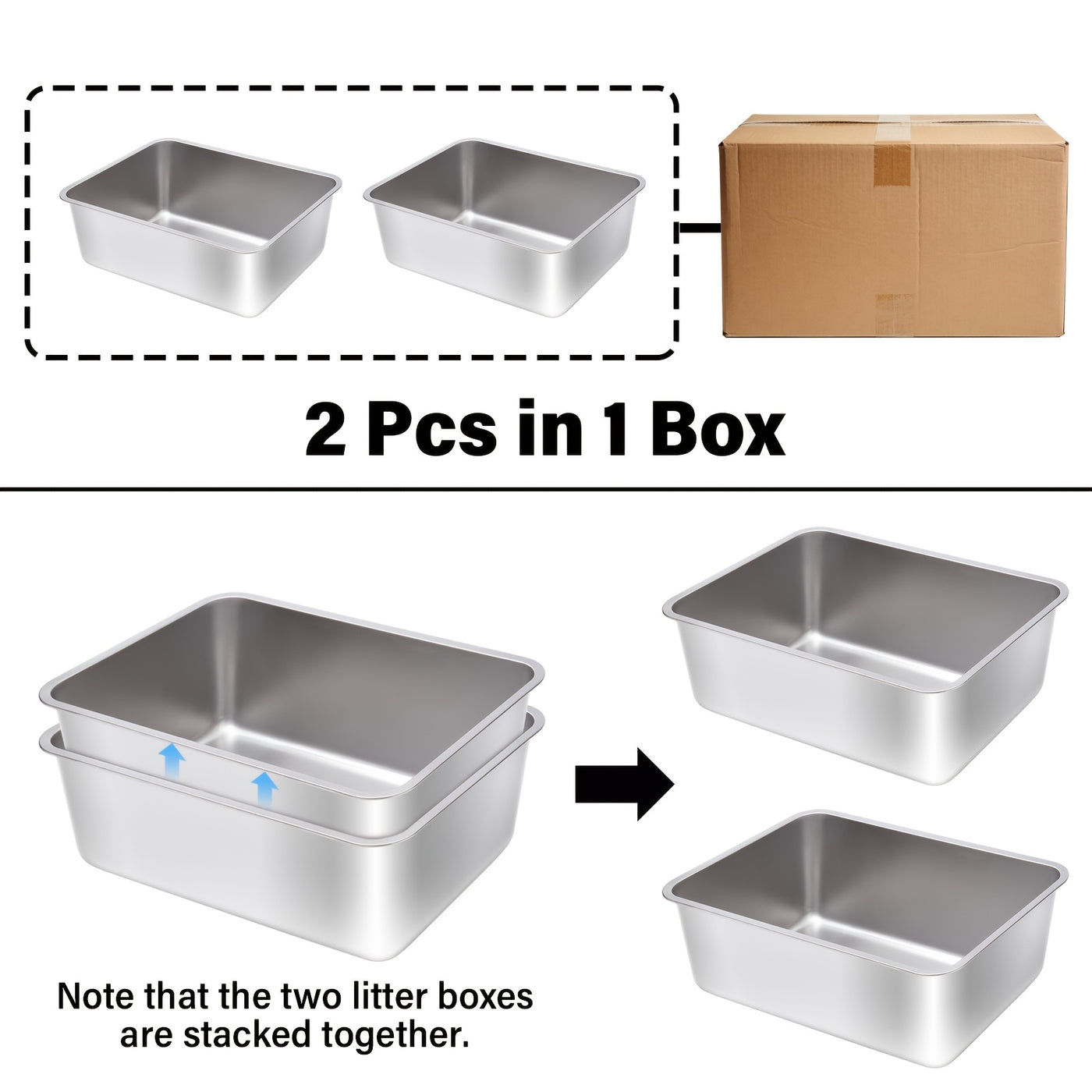 Stainless Steel Cat Litter Box 2 Pack Extra Large 6 Inch Deep High Sides XL Metal Litter Box for Big Cats Easy to Clean Corner Fit