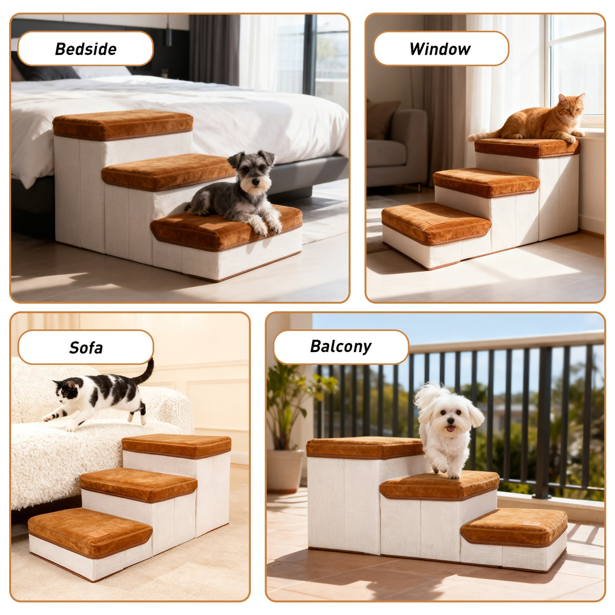 3-Tier Foldable Dog Stairs with Non-Slip Surface – Pet Steps for High Beds & Sofas, Small & Extra-Small Dogs, Nylon Ramp with Plush Chicken Toy, Coffee & Gray