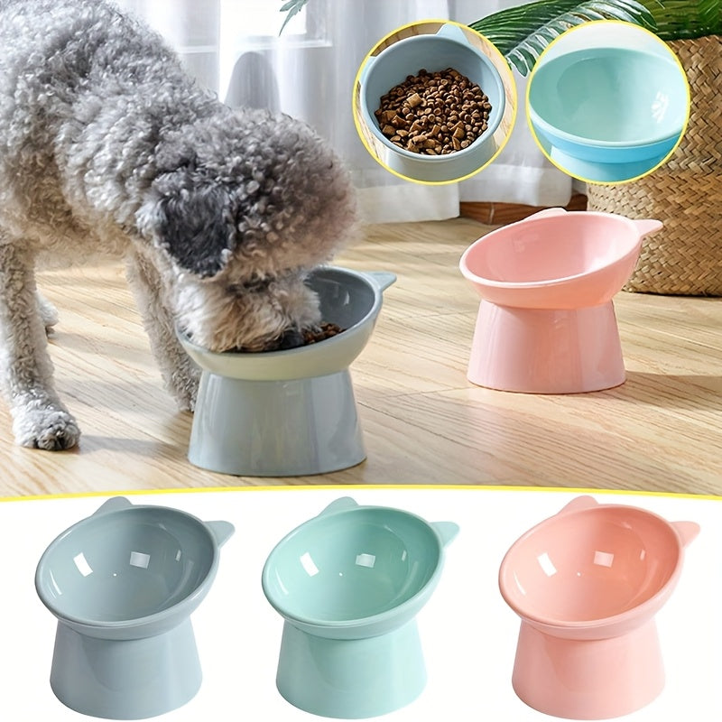 Raised Cat Bowls Set of 3 Cat Ear Shaped – Tri-Color Elevated Anti-Slip Feeder Dish for Multi-Cat Households, Neck Comfort Design (Pink/Green/Blue)
