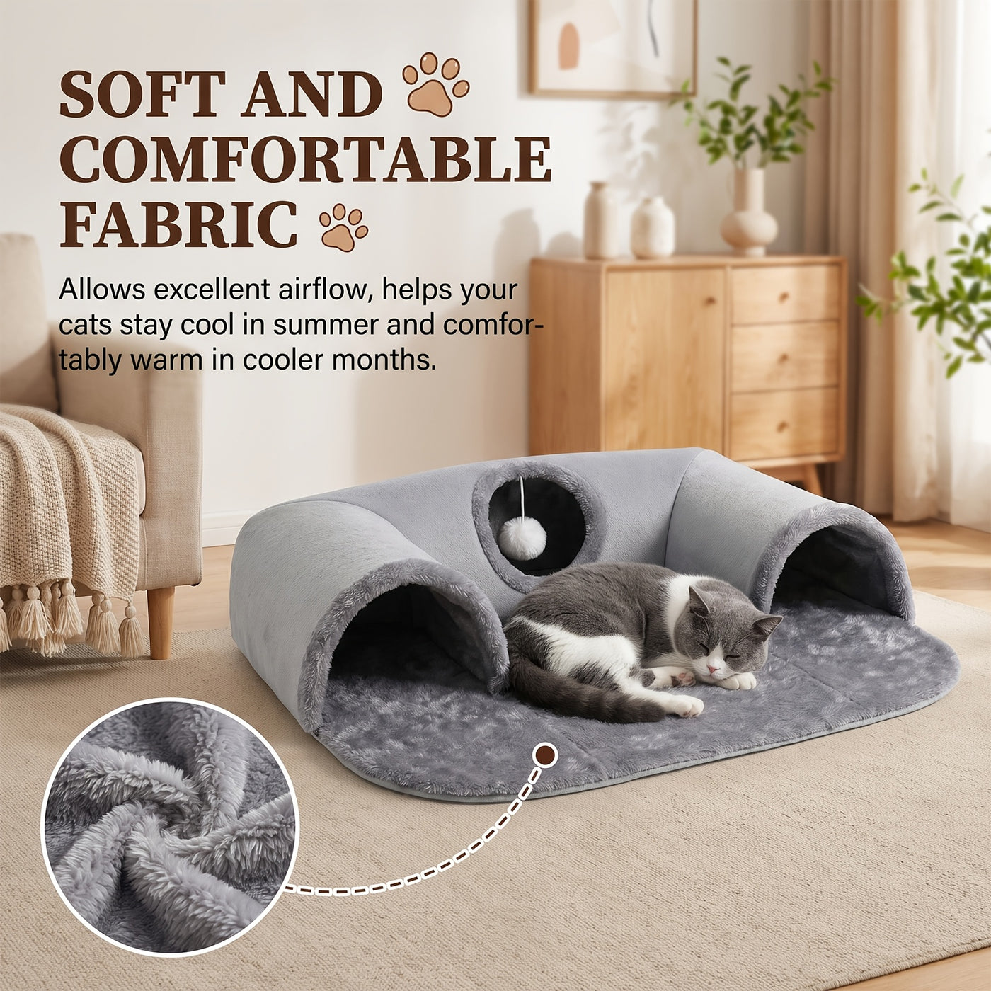 Cat Tunnel Bed with Memory Foam & Glow-in-the-Dark Stars - Detachable Plush Cat Condo, 3D Support, Hanging Ball, Machine Washable Pet Nest for Indoor Cats, 29.5x21.6in