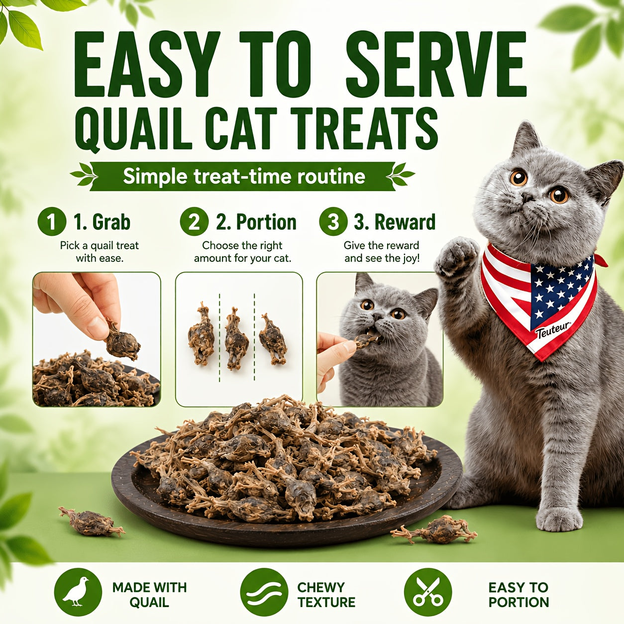 Freeze Dried Whole Quail Cat Treats Single Ingredient High-Protein Crunchy Raw Style Snack for Cats Dogs Kittens Training Reward Daily Feeding