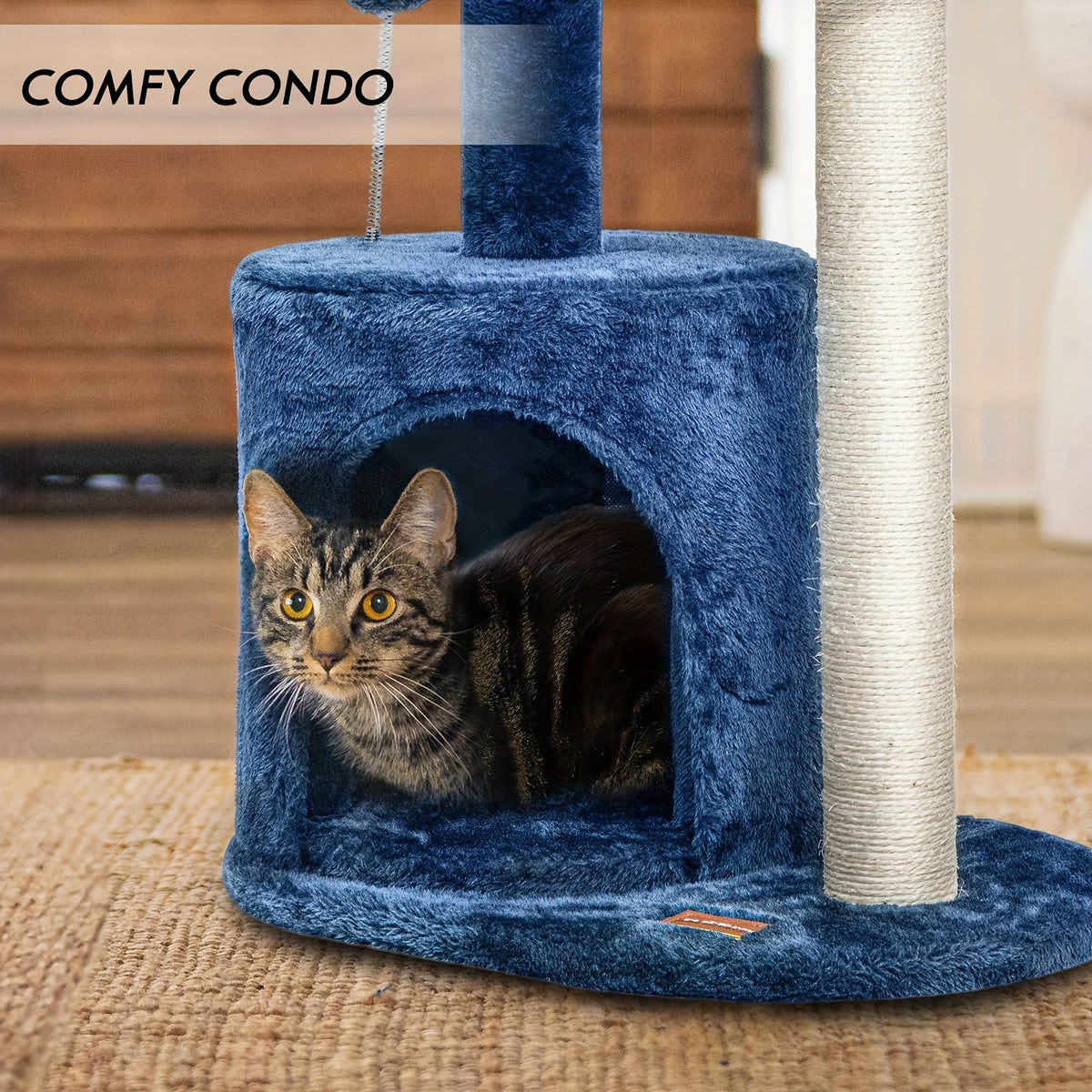 32-Inch Cat Tree with Condo, Sisal Scratching Post, Plush Perches & Pompom Toys for Indoor Cats - Denim Blue Multi-Level Cat Tower Activity Center