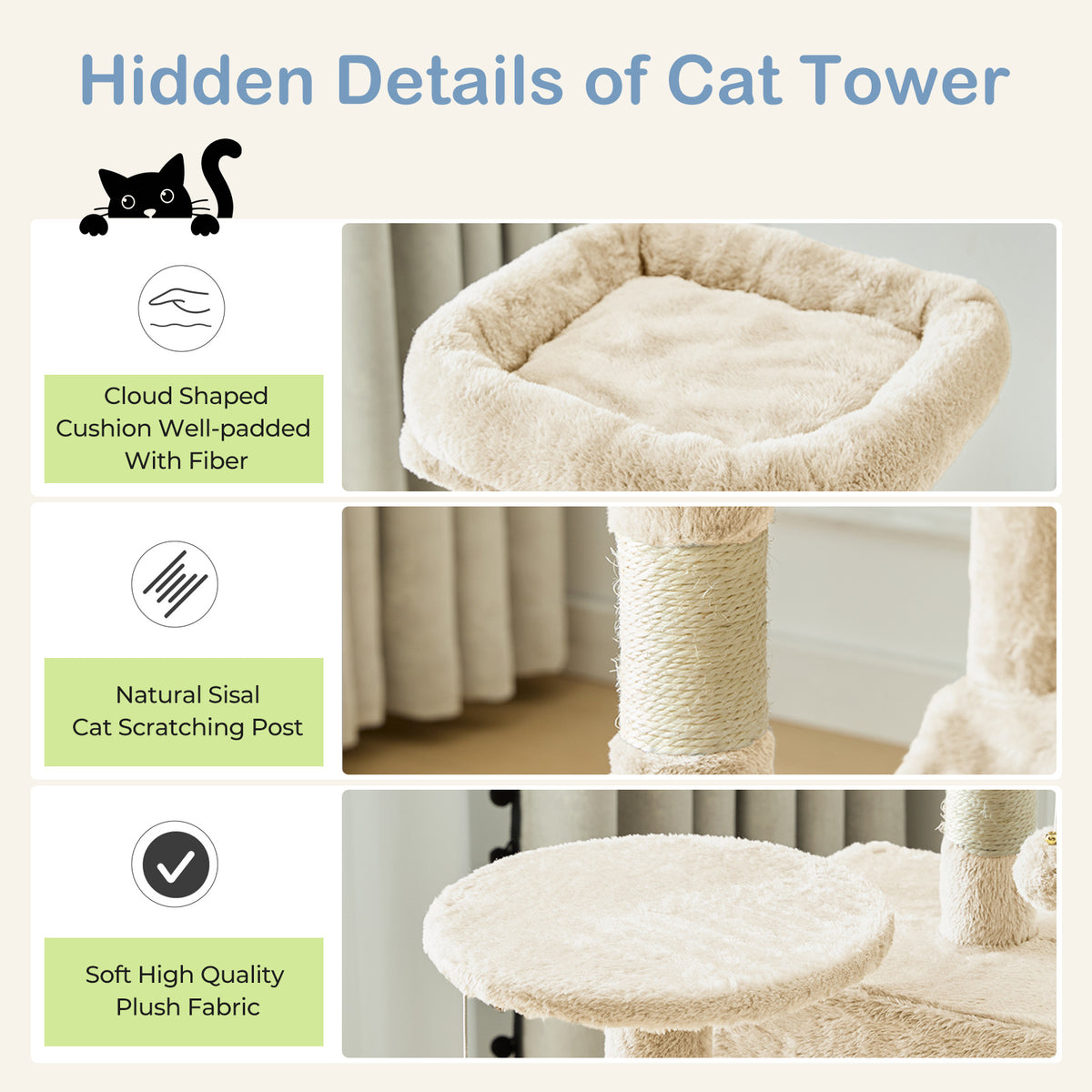 44 Inch Cat Tree Tower with Condo Hammock & Sisal Scratching Posts - Multi-Level Cat Tower for Indoor Cats with Perches & Pet House
