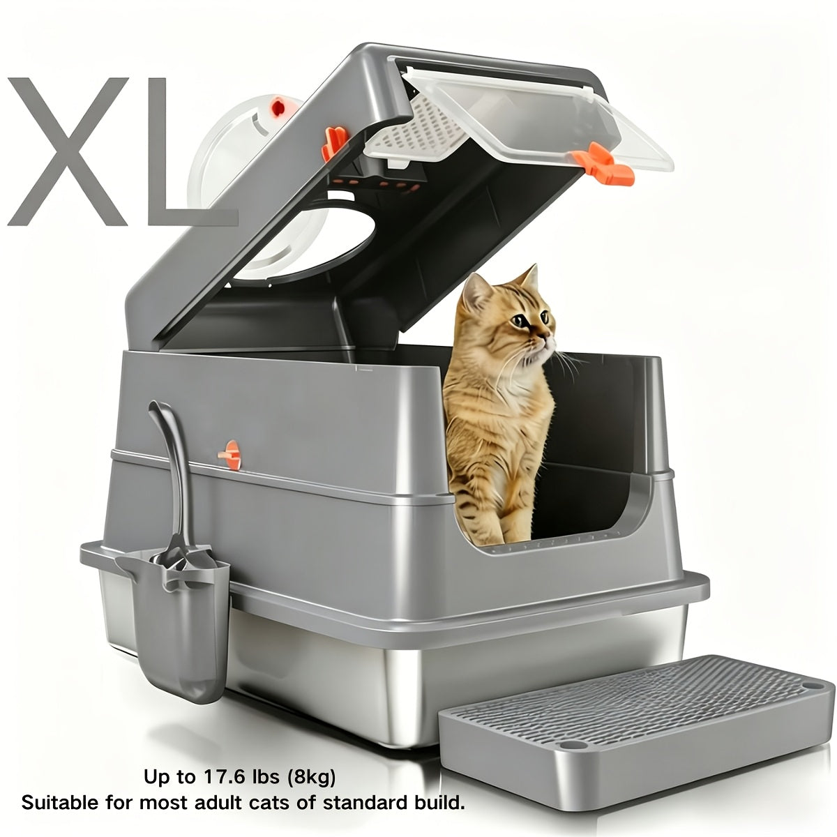 Stainless Steel Cat Litter Box XL Enclosed Odor-Proof with Scoop Step Pedal & Carbon Deodorizer for Large Cats