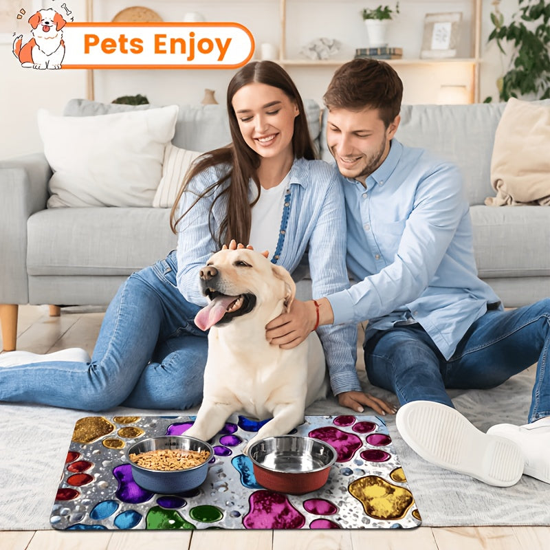 Pet Feeding Mat Absorbent Splash-Proof Non-Slip – Quick-Dry Heavy-Duty Floor Protector for Dogs & Cats, Colorful Paw Pattern, S/M/L/XL