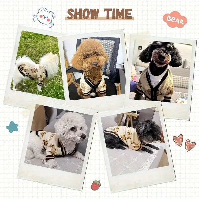 Dog Cardigan Sweater Bear Print with Button Closure – Warm Knitted Fleece-Lined Puppy Shirt, Adjustable Collar, Elastic & Embroidered, Small Breeds Bichon Teddy Schnauzer, Spring Summer