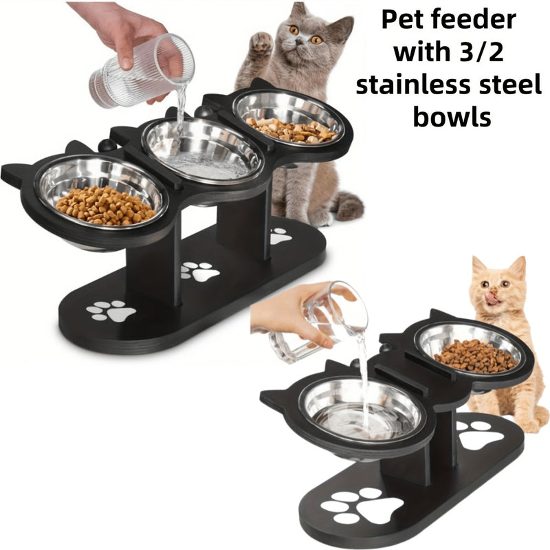 Elevated Cat Bowls 15° Tilted Stainless Steel – Raised Bowl Stand Feeder with Anti-Spill Wooden Base, Set of 2 or 3, for Cats & Small Dogs