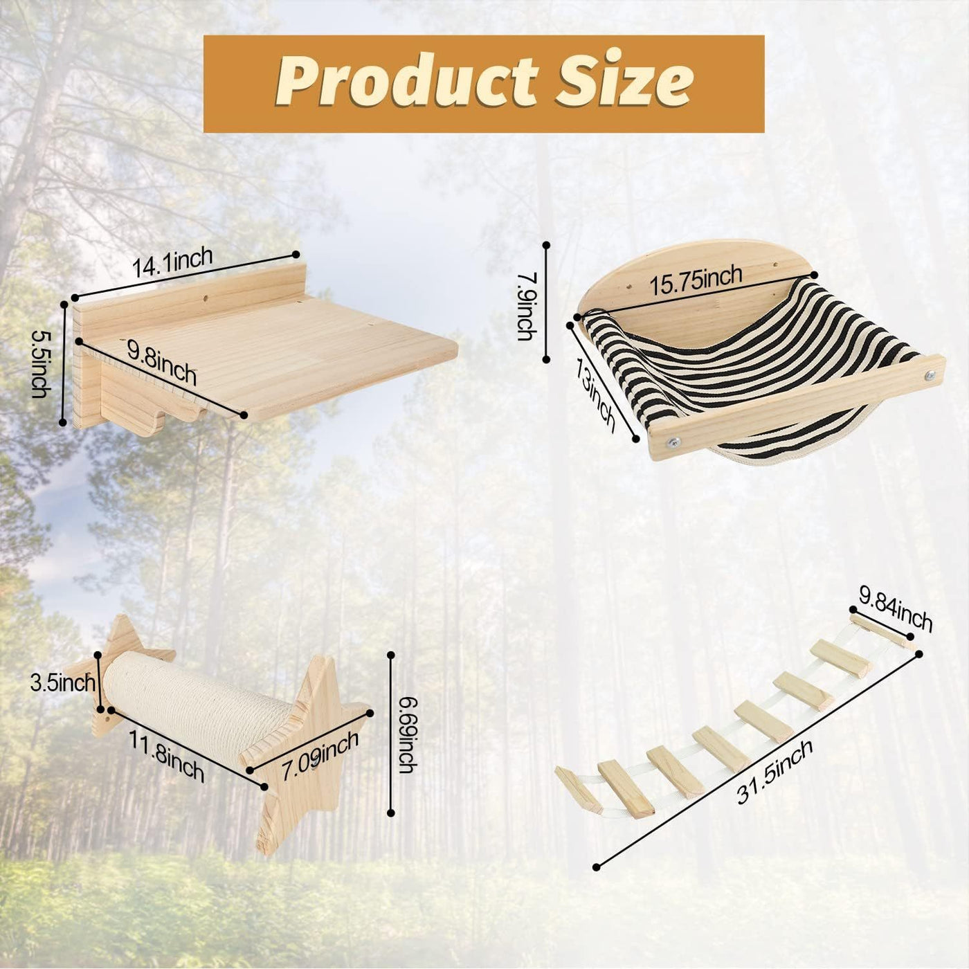 Cat Wall Hammock Climbing Shelves with 2 Steps Wall Mounted Cat Perch Bed for Indoor Large Cats – Wood Color Cat Furniture for Climbing Sleeping and Playing