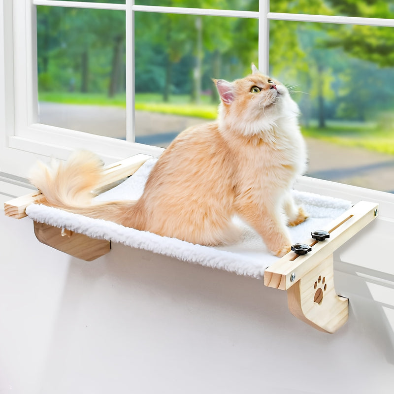 Cat Window Perch Hammock for Indoor Cats – Wood & Metal Frame for Large Cats, Adjustable Mount for Windowsill Bedside Drawer & Cabinet, Cozy Cat Shelf Seat
