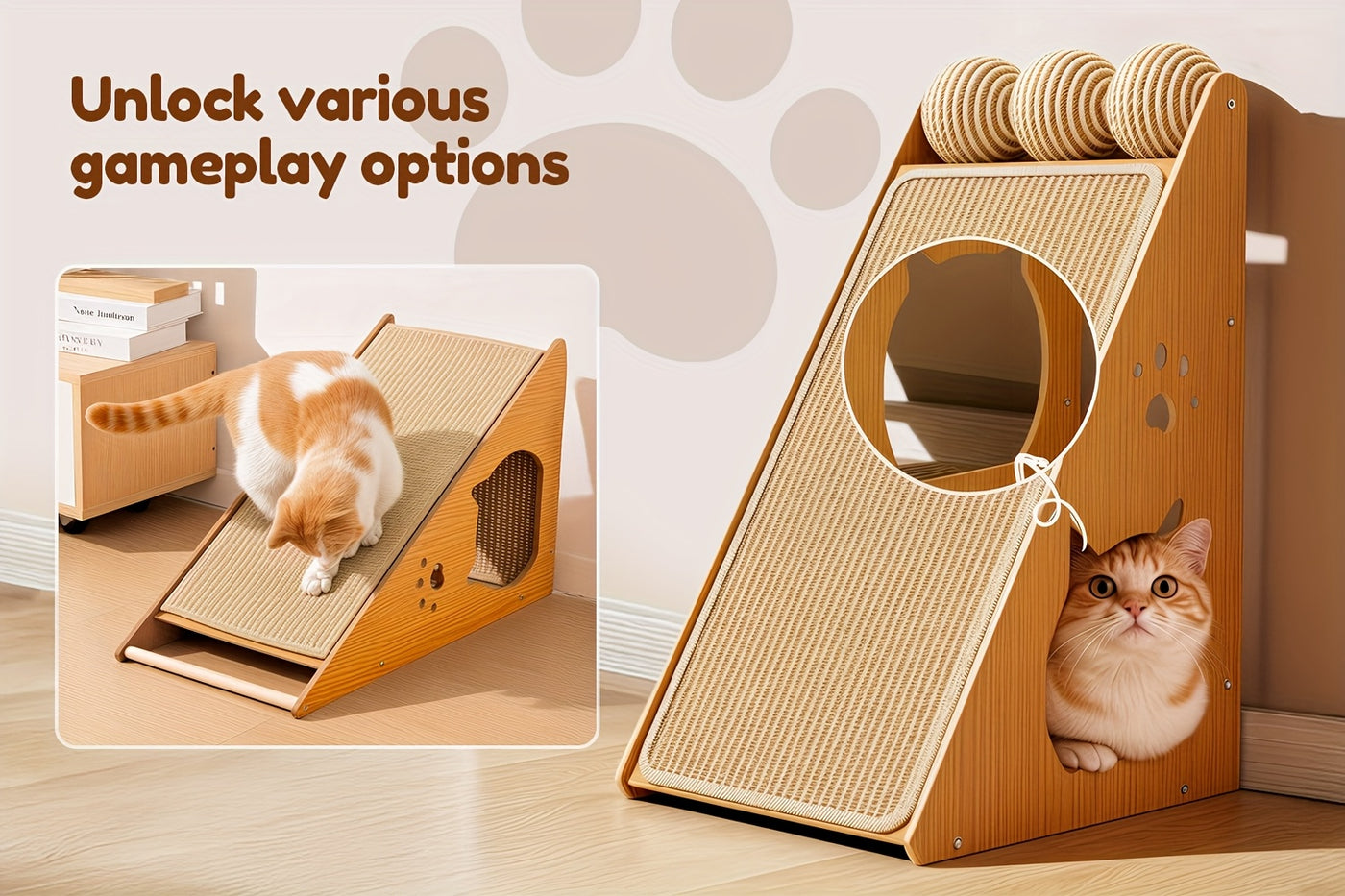 27-Inch Sisal Cat Scratching Board with Paw Pads & 3 Teaser Balls – Wear-Resistant Furniture Protector Scratcher for Indoor Cats