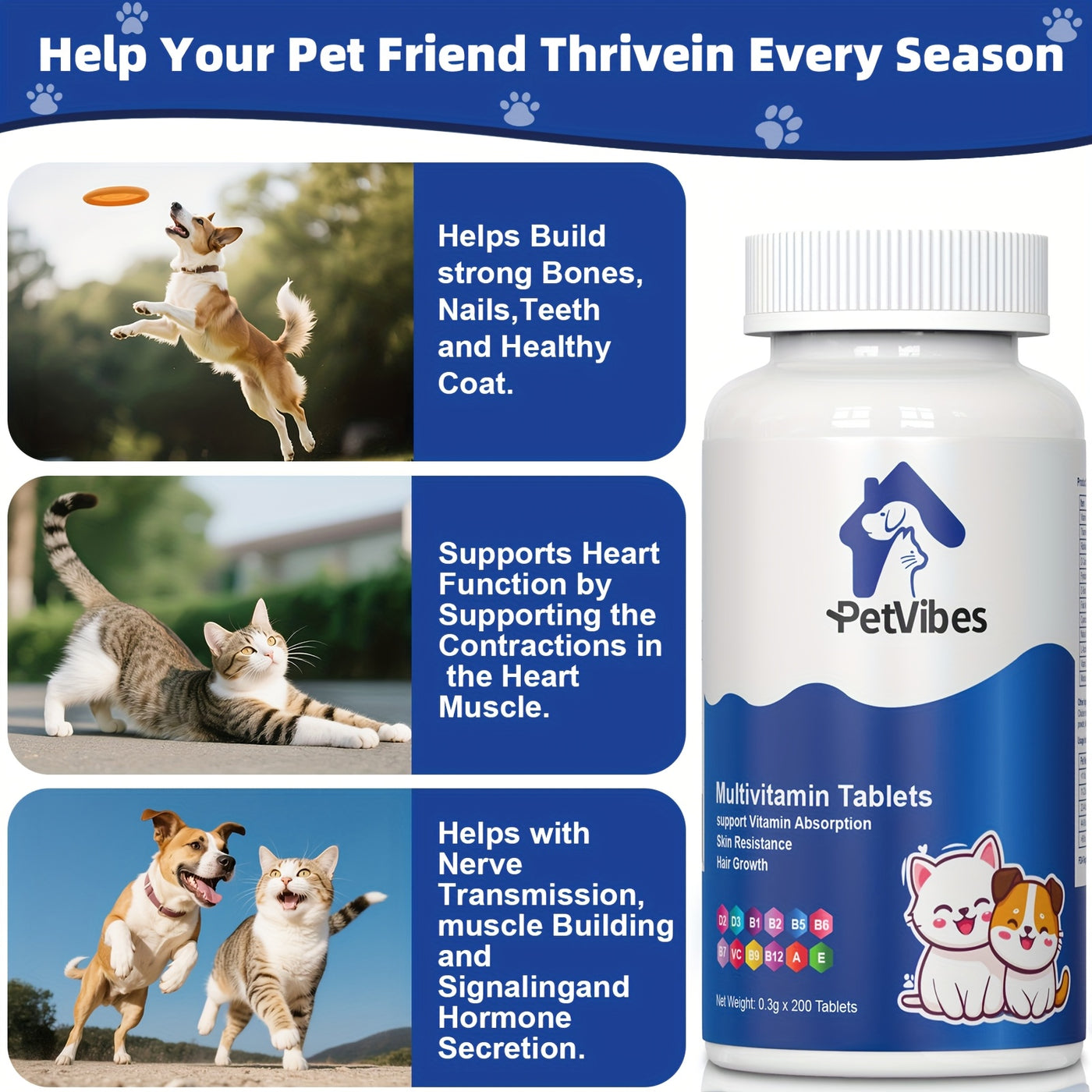 Senior Dog & Cat Multivitamin Supplement – 5-in-1 Amino Acid & Vitamin Formula for Aging Pets, Supports Immunity, Joints, Skin & Coat, Large Bottle