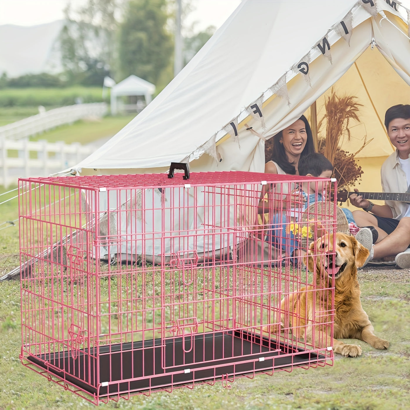 Folding Metal Dog Crate 42 & 48 Inch – Double Door Wire Dog Cage with Divider & Leak-Proof Tray for Puppies, Medium & Large Dogs, Indoor & Outdoor