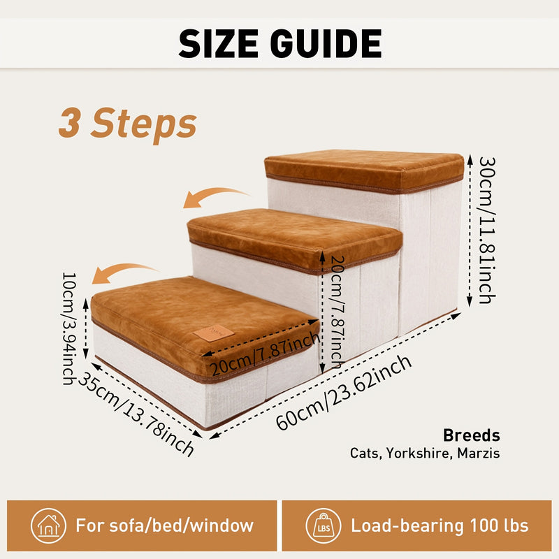 3-Tier Foldable Dog Stairs with Non-Slip Surface – Pet Steps for High Beds & Sofas, Small & Extra-Small Dogs, Nylon Ramp with Plush Chicken Toy, Coffee & Gray