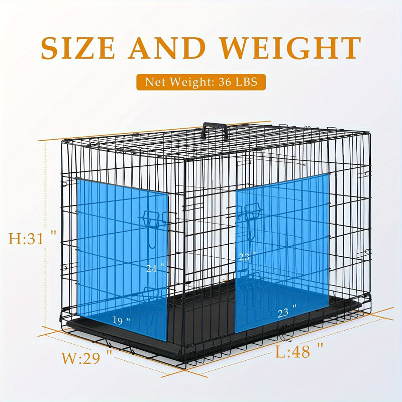 Folding Metal Dog Crate 42 & 48 Inch – Double Door Wire Dog Cage with Divider & Leak-Proof Tray for Puppies, Medium & Large Dogs, Indoor & Outdoor