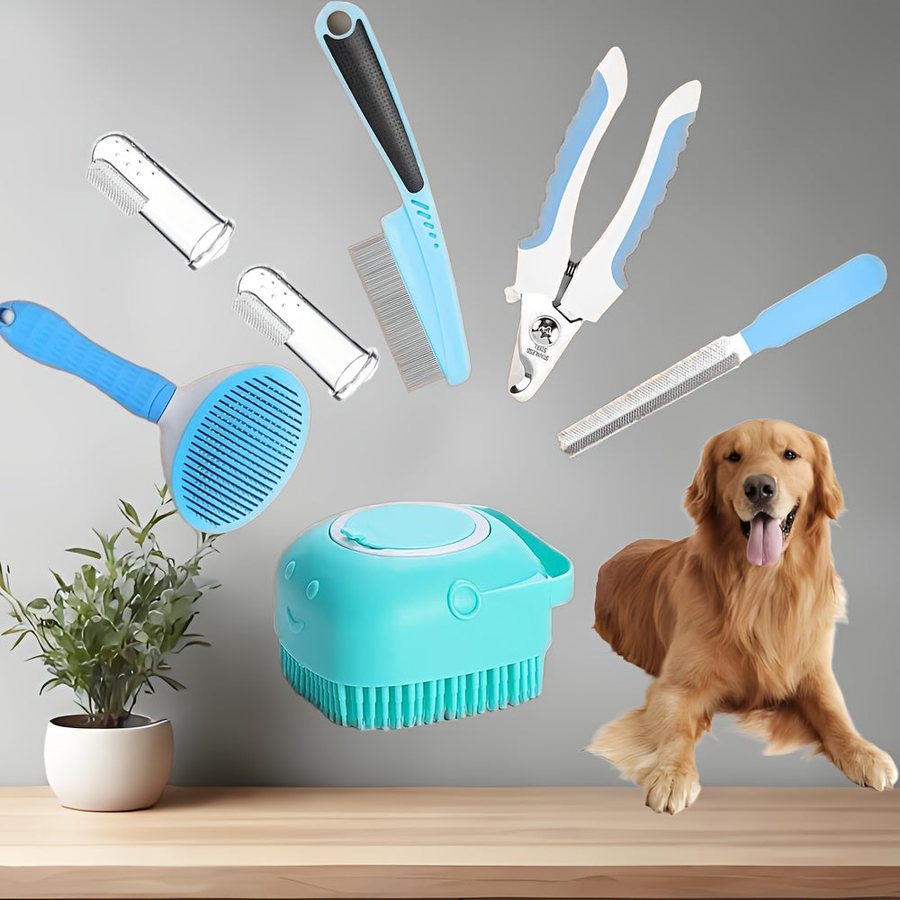 7-in-1 Pet Grooming Kit for Dogs & Cats – Self-Cleaning Slicker Brush, Nail Clippers, Shampoo Bath Brush, Dental Care Set for Puppies & Cats | Pink & Blue, 9pcs