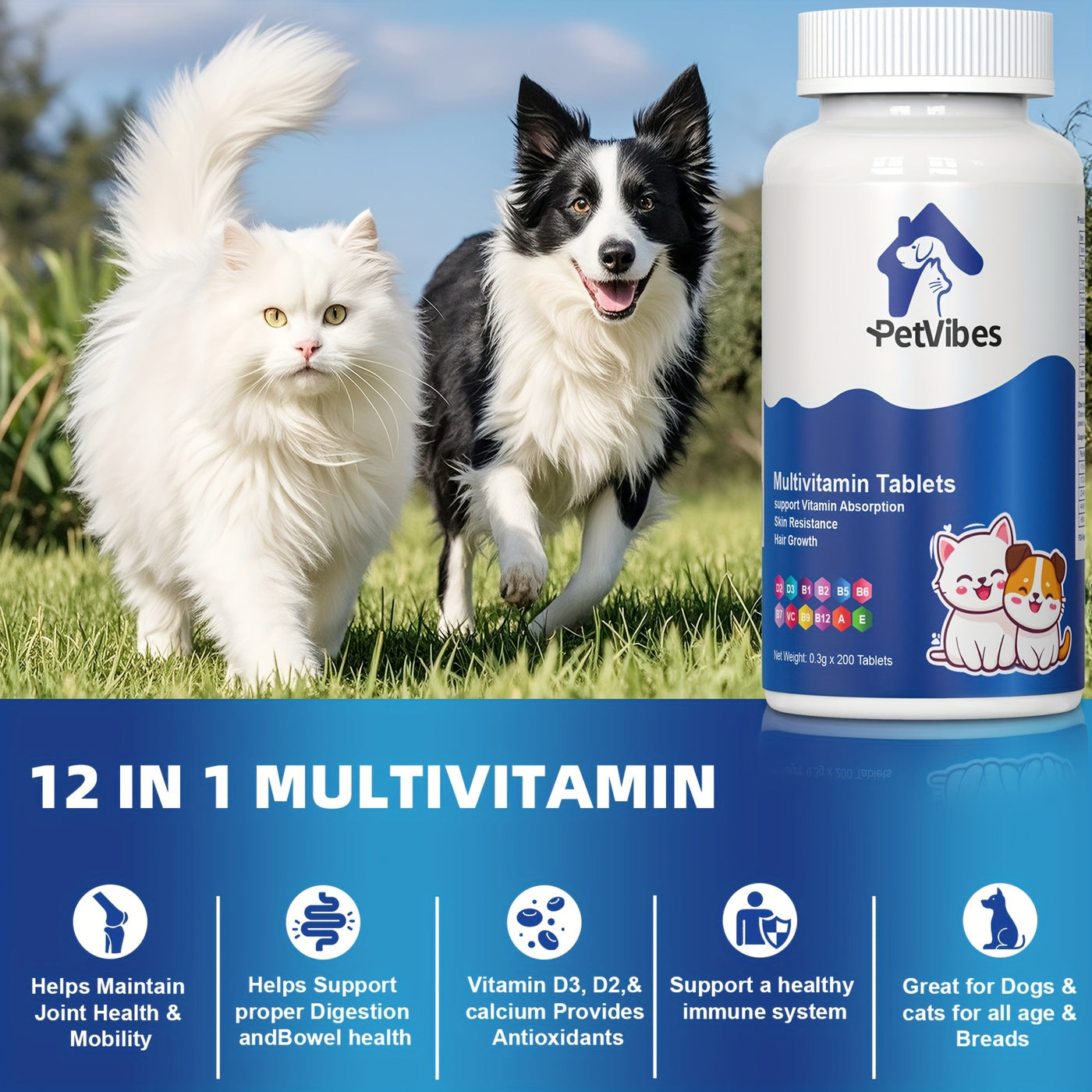Senior Dog & Cat Multivitamin Supplement – 5-in-1 Amino Acid & Vitamin Formula for Aging Pets, Supports Immunity, Joints, Skin & Coat, Large Bottle