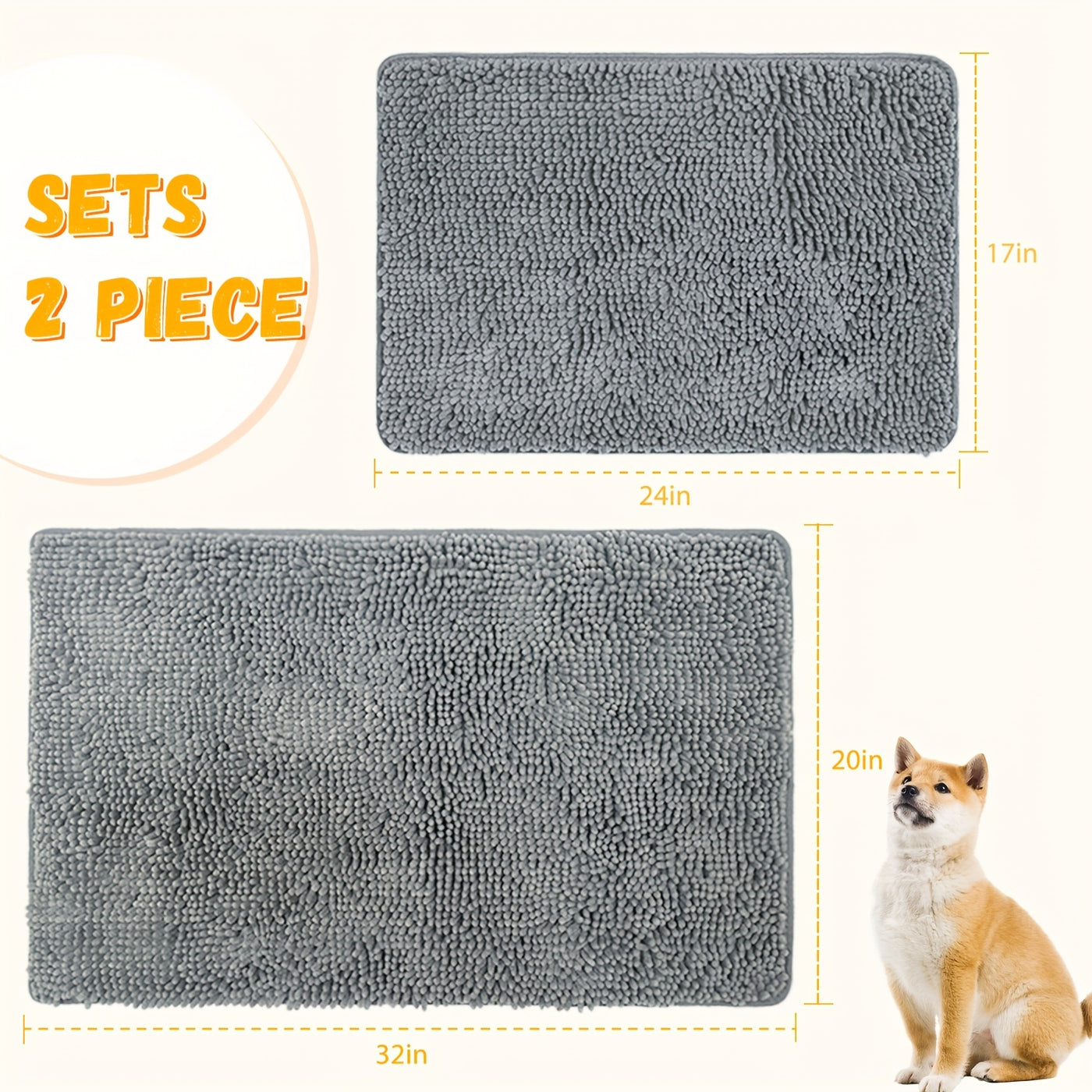 Dog Door Mat for Muddy Paws 2-Pack Absorbent Non-Slip Machine Washable Microfiber Mud Mat - Quick Dry Entry Rug for Dogs Indoor Floor 24x17 & 32x20 Inch
