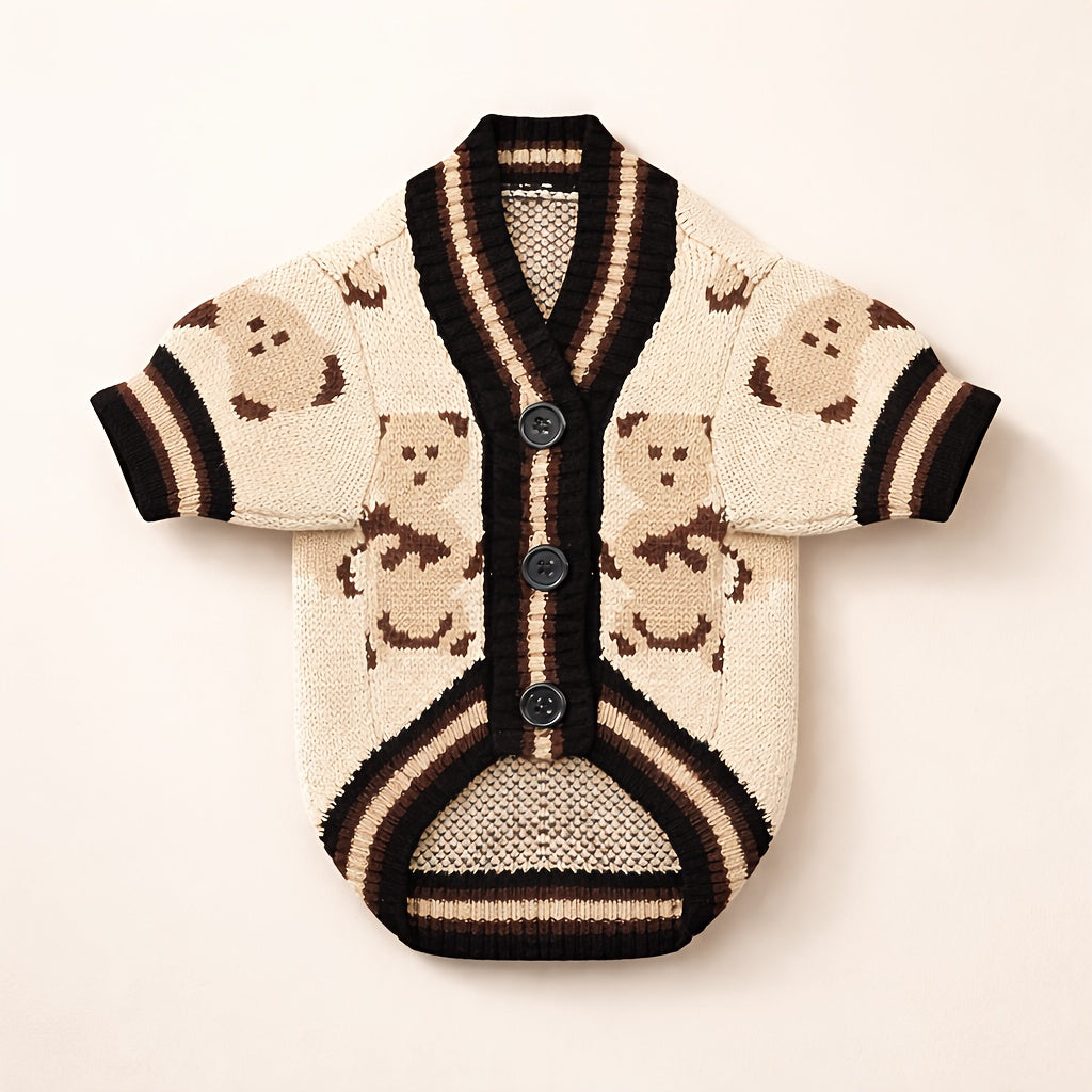 Dog Cardigan Sweater Bear Print with Button Closure – Warm Knitted Fleece-Lined Puppy Shirt, Adjustable Collar, Elastic & Embroidered, Small Breeds Bichon Teddy Schnauzer, Spring Summer