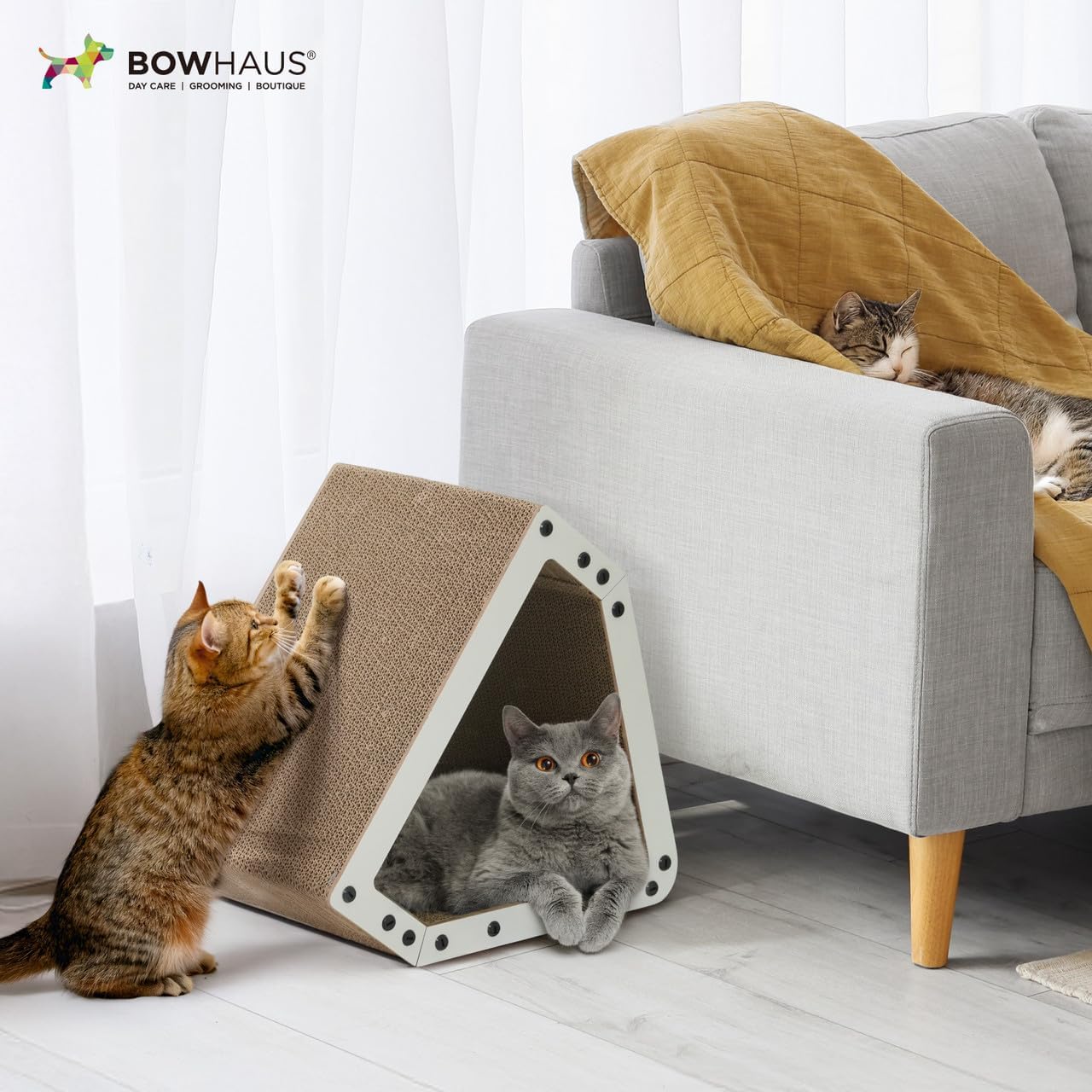 House Cat Scratcher Lounger - Large Reversible 5-Layer Cardboard Cat Scratching Pad & Board for Indoor Cats, 16x14x12 Inch, Brown & White