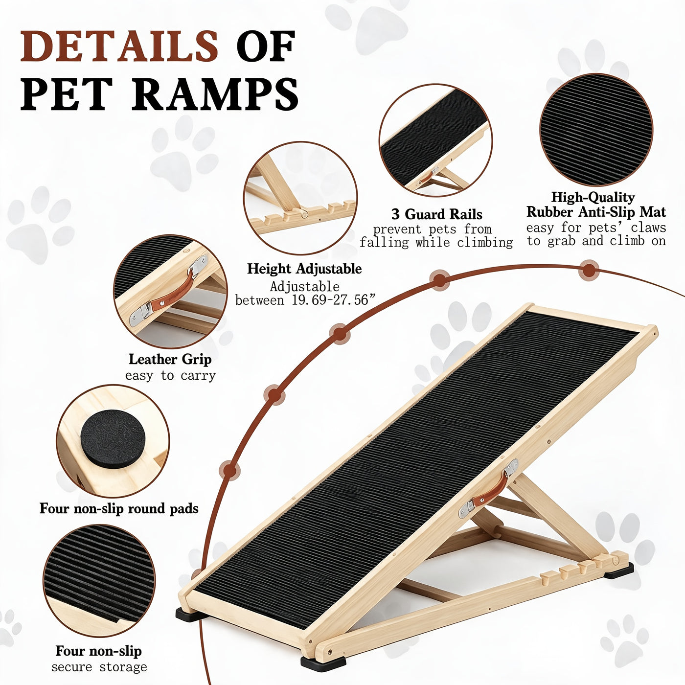 Wooden Dog Ramp for Bed & Couch – Foldable Adjustable Height Pet Ramp with Safety Guards, Holds 250 lbs, Dog Steps for Small Large Dogs & Seniors, Indoor Outdoor, 44 or 55 Inch