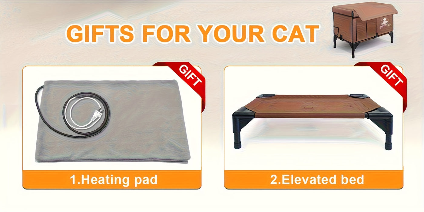 Heated Cat House Outdoor Indoor 3-in-1 with Removable Warming Pad - Elevated Cat Shelter, Chew-Resistant Cord, All-Season Cat Cave for Cats Kittens Small Dogs, Small & Large Sizes