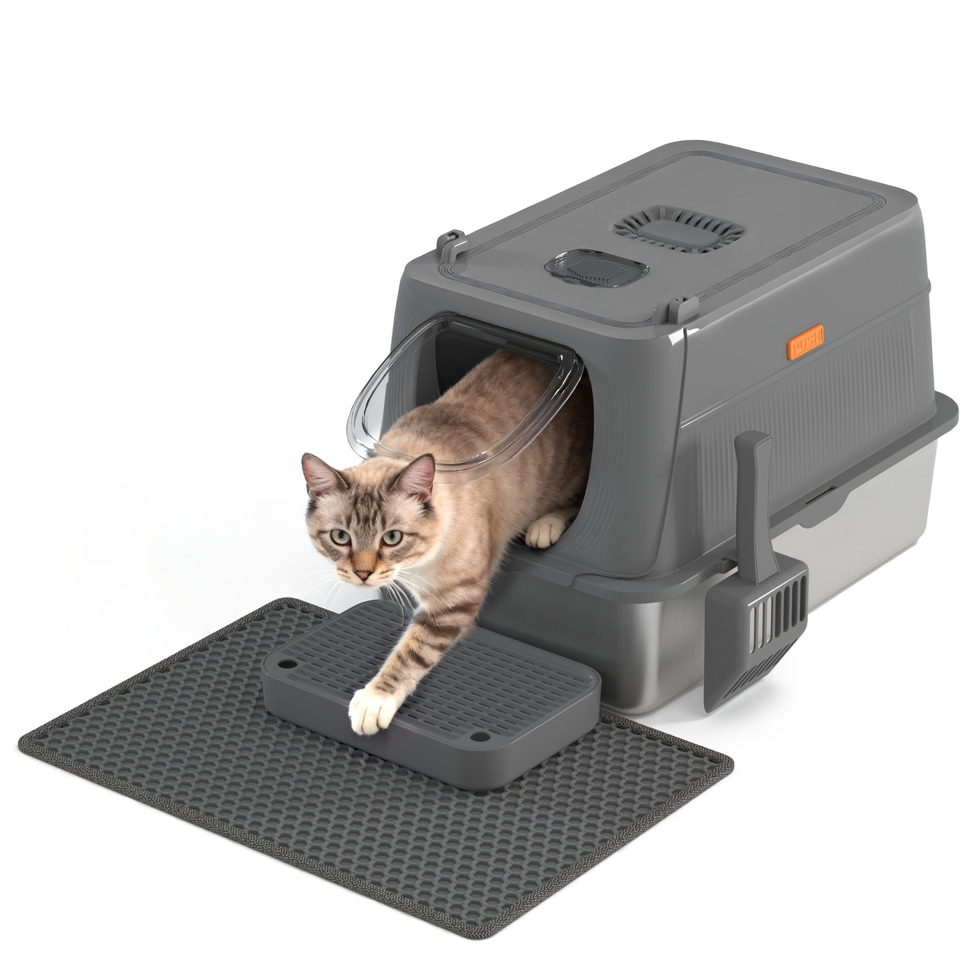 Extra Large Stainless Steel Cat Litter Box with Lid Enclosed Foldable Anti-Splash Indoor Cat Toilet with Front Flap Door Superior Odor Control