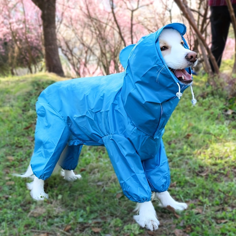 Dog Raincoat Full Body Coverage with Hood & Footies – Waterproof Polyester Rain Jacket for All Breeds, Hook-and-Loop Closure, Ideal for Small to Large Dogs, Blue