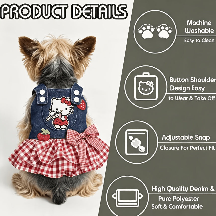 Hello Kitty Pet Dress Red White Plaid Pleated Skirt with 3D Bow & Strawberry – Sanrio Licensed Holiday Party Dress for Small Dogs Cats, XS-XL, Christmas Gift