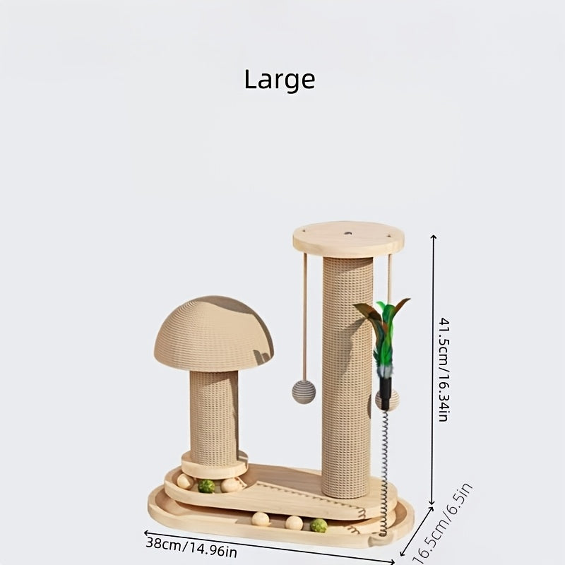 Cat Scratching Post Mushroom Shape – Solid Wood Sisal Scratcher with Wide Stable Base, Claw Maintenance & Climbing for Kittens and Cats, M or L